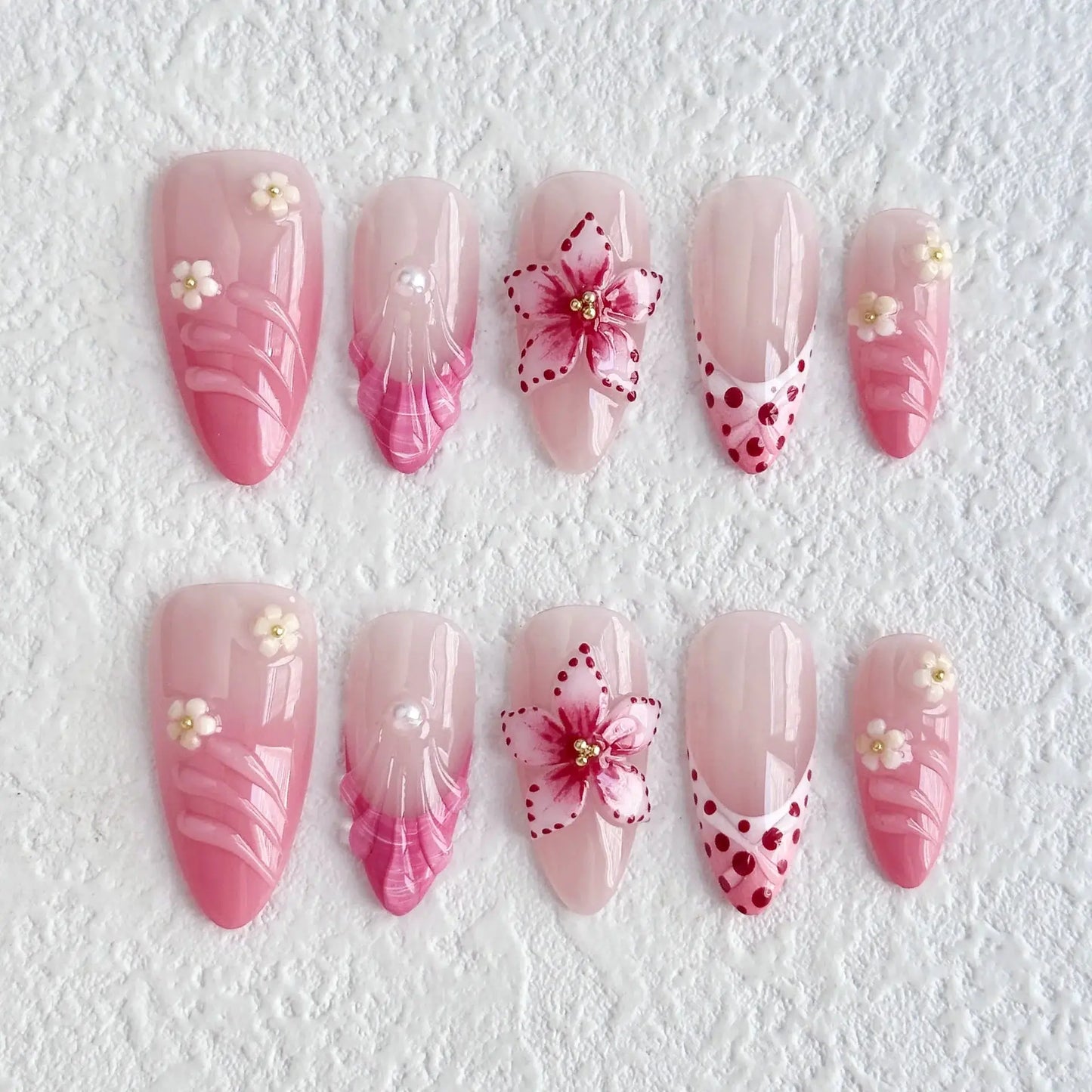 Press On Nails | 3D Flower Almond | Handmade Ballet Grey | 10 Piece Set