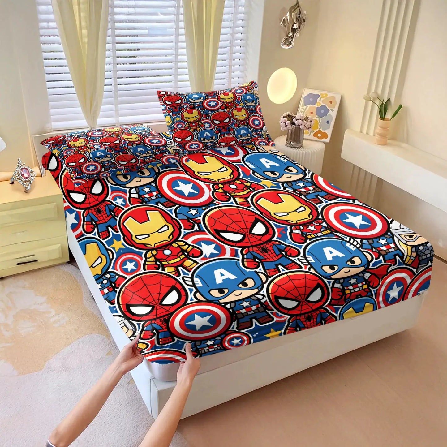 Cute Chibi Marvel Heroes Fitted Sheet Set Bed Sheet Set Bedding Set No Fillers for Teens Bedroom Living Room Decor from PriceLows™