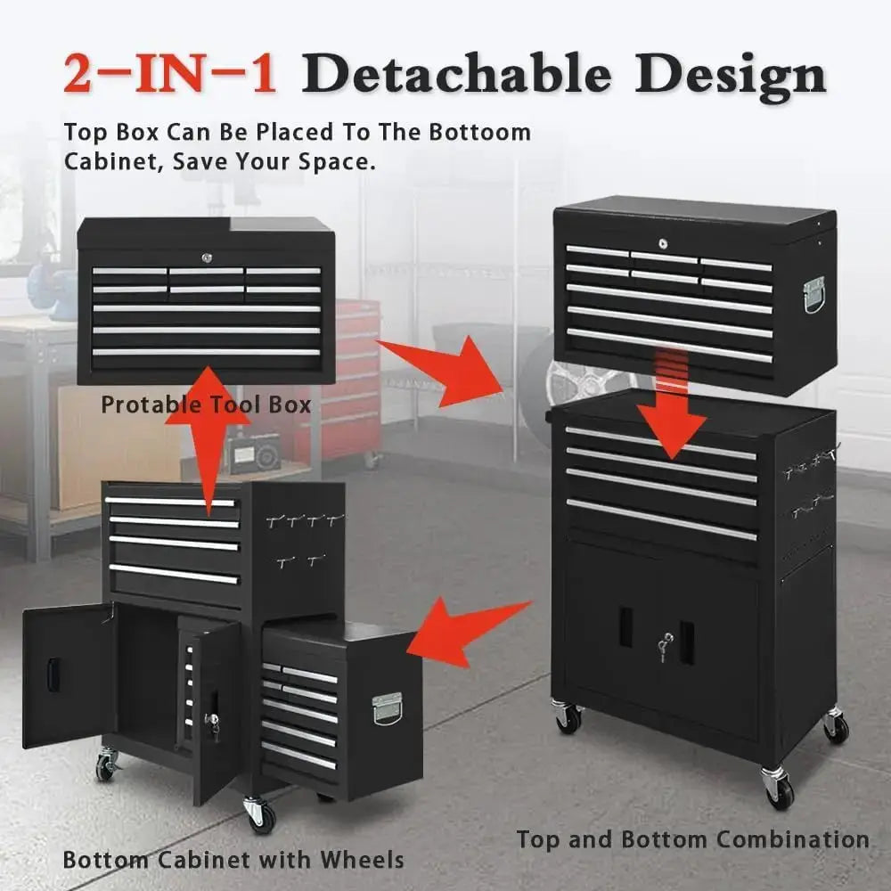 Double-Door Rolling Tool Chest with Lock, Detachable Metal Cabinet on Wheels for Garage, Home, and Warehouse Storage (Black) from PriceLows™