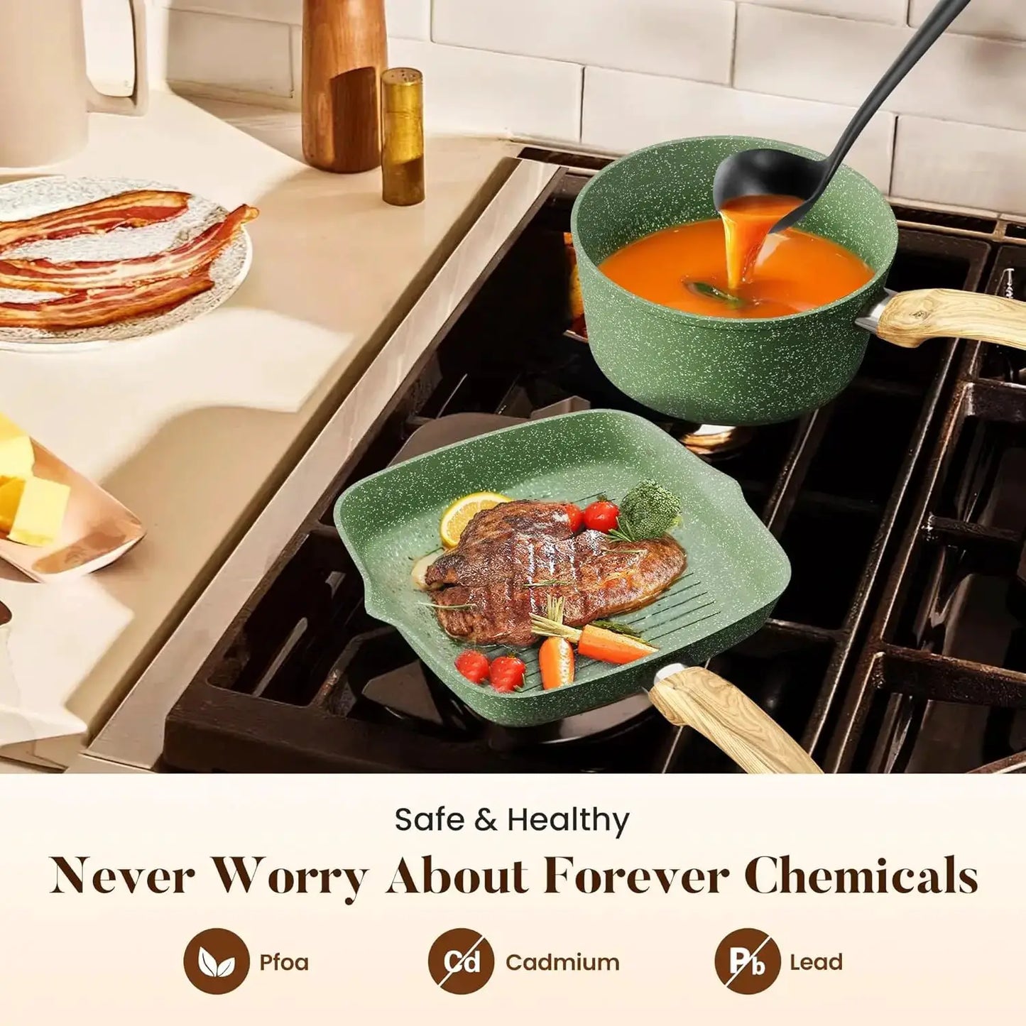 17-Piece Nonstick Induction Cookware Set with Griddle, Green Granite Pots and Pans, Healthy Cooking Set from PriceLows™
