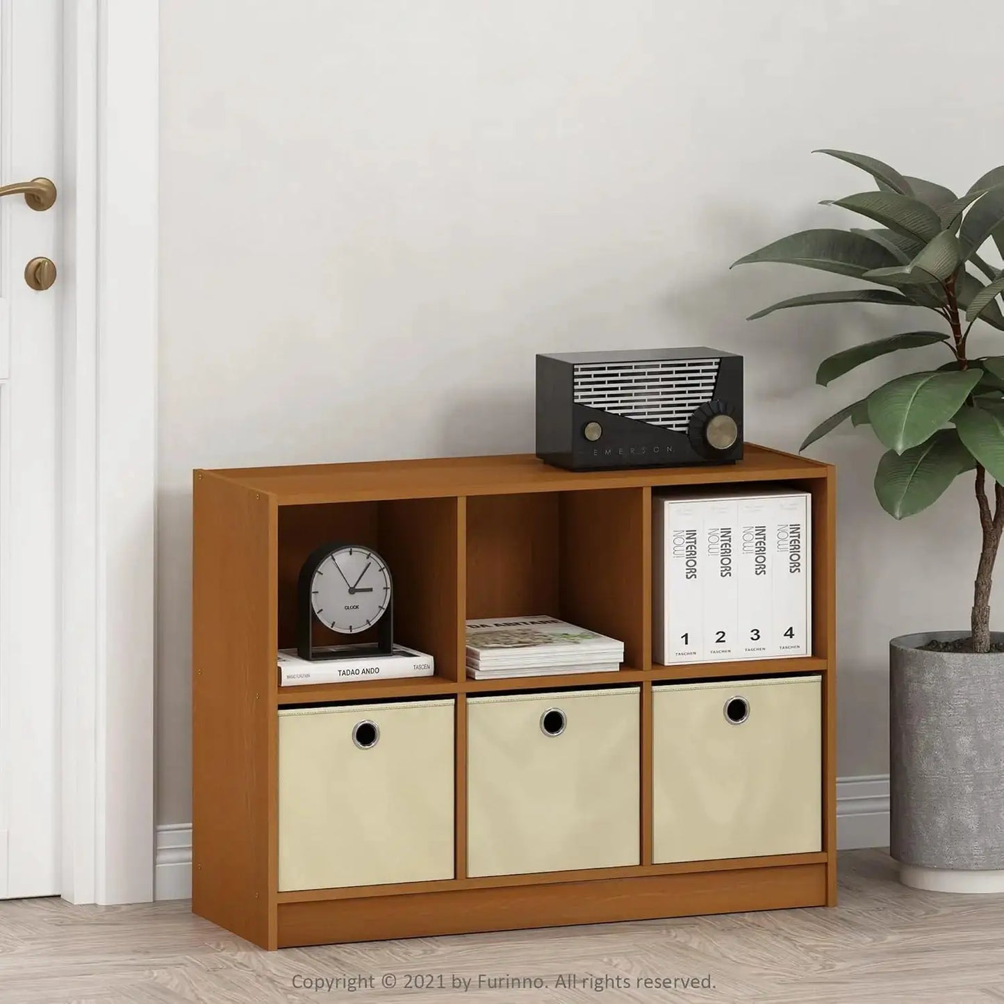 3x2 Cube Bookcase with Storage Bins, Light Cherry/Ivory Finish - 6-Cube Organizer for Home & Office from PriceLows™