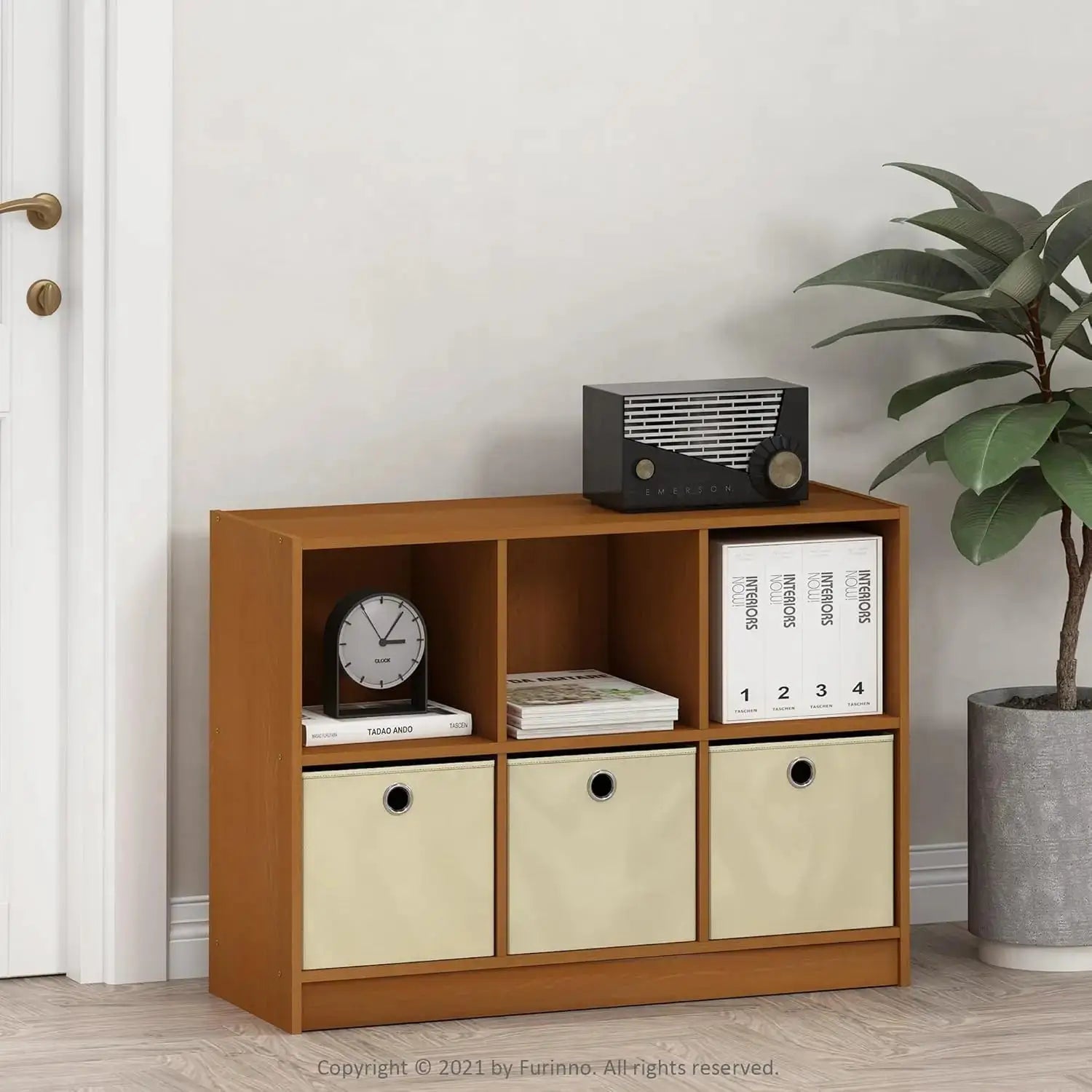 3x2 Cube Bookcase with Storage Bins, Light Cherry/Ivory Finish - 6-Cube Organizer for Home & Office from PriceLows™