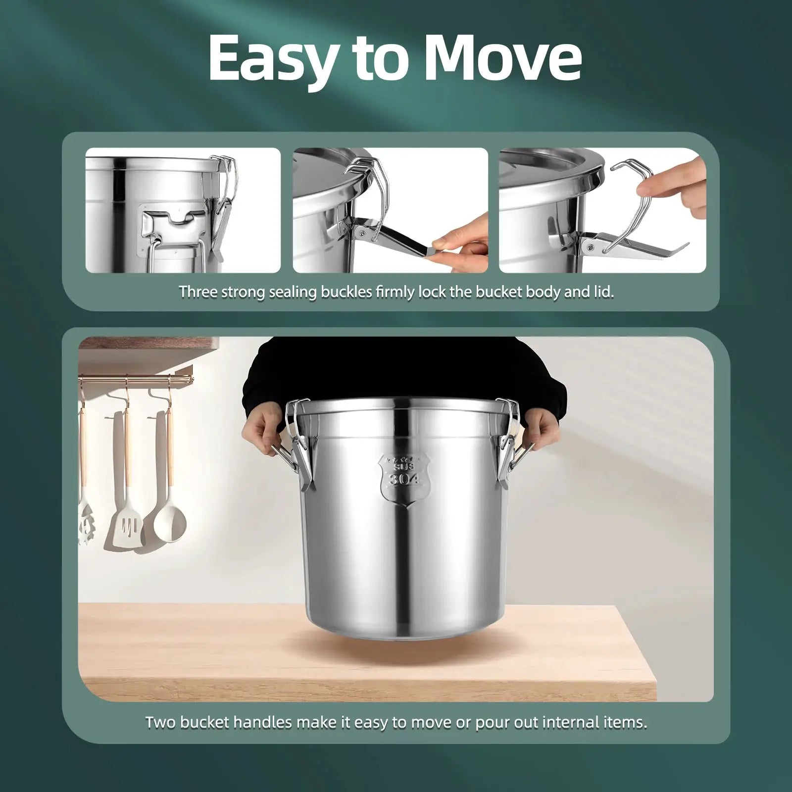 Airtight Food Storage Container 33L Large Capacity, 304 Stainless Steel Bucket with Locking Lid for Rice, Flour, Cereals from PriceLows™