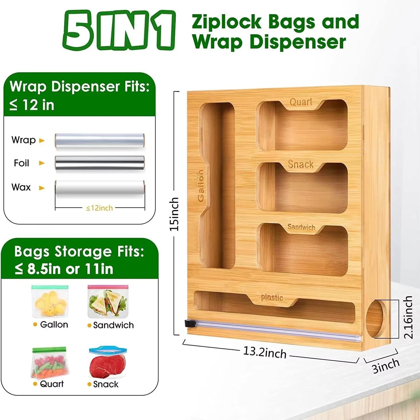 Bamboo Ziplock Bag Holder | Wall Mount Rack | Cutter Dispenser