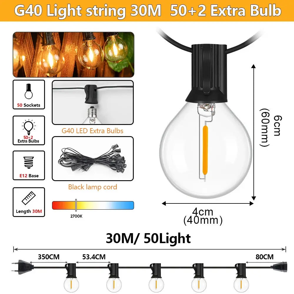 Outdoor LED Waterproof G40 String Light EU Plug Shatterproof Light Bulb Garden Fairy String Lights for Patio Festoon Party Decor from PriceLows™