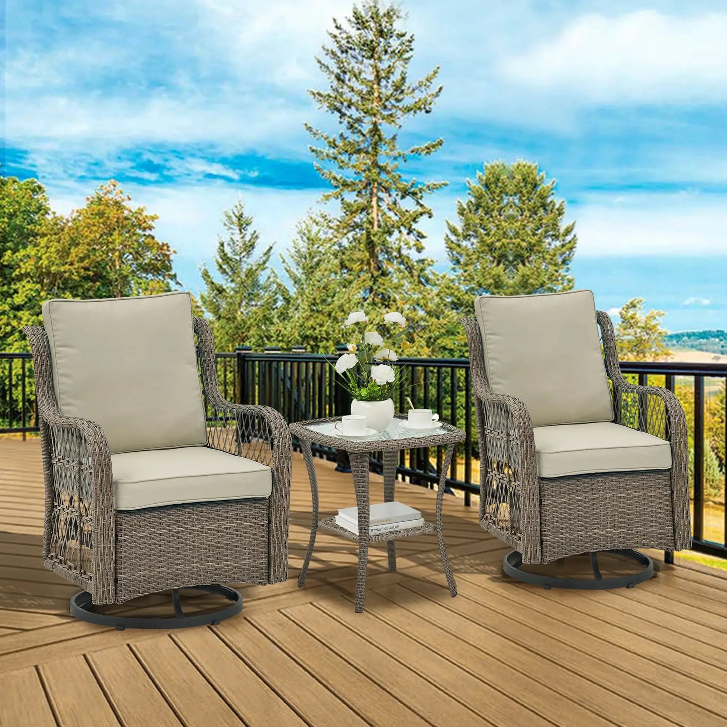 3 Pieces Outdoor Wicker Swivel Chair Set, Swivel Rocking Chairs Set of 2 with Rattan Side Table, 360-Degree Swivel Rocking Chair from PriceLows™