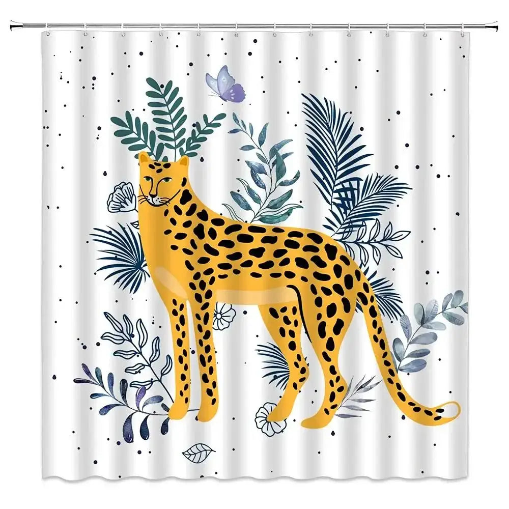 Boho Cheetah Shower Curtain,Tropical Leopard Wildlife Bath Curtain,Modern Pink Aesthetic Moon Phase Blue Floral Bathroom Curtain from PriceLows™