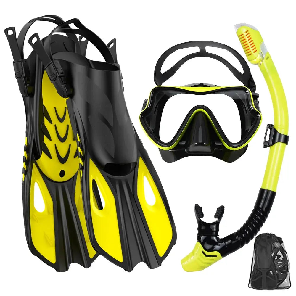 Mask Fin Snorkel Set Snorkel Gear for Adult Panoramic View Snorkel Mask Adjustable Dive Flipper Dry Top Snorkel and Travel Bag from PriceLows™