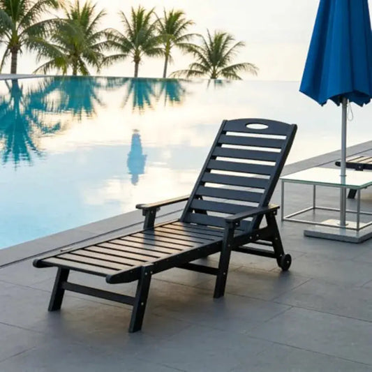 Patio Lounge Chair Outdoor, HDPE Outdoor Chaise Lounge with Reclining Backrest, Pool Lounger Chair for Outside, Poolside, Sunbathing Tanning, Black from PriceLows™