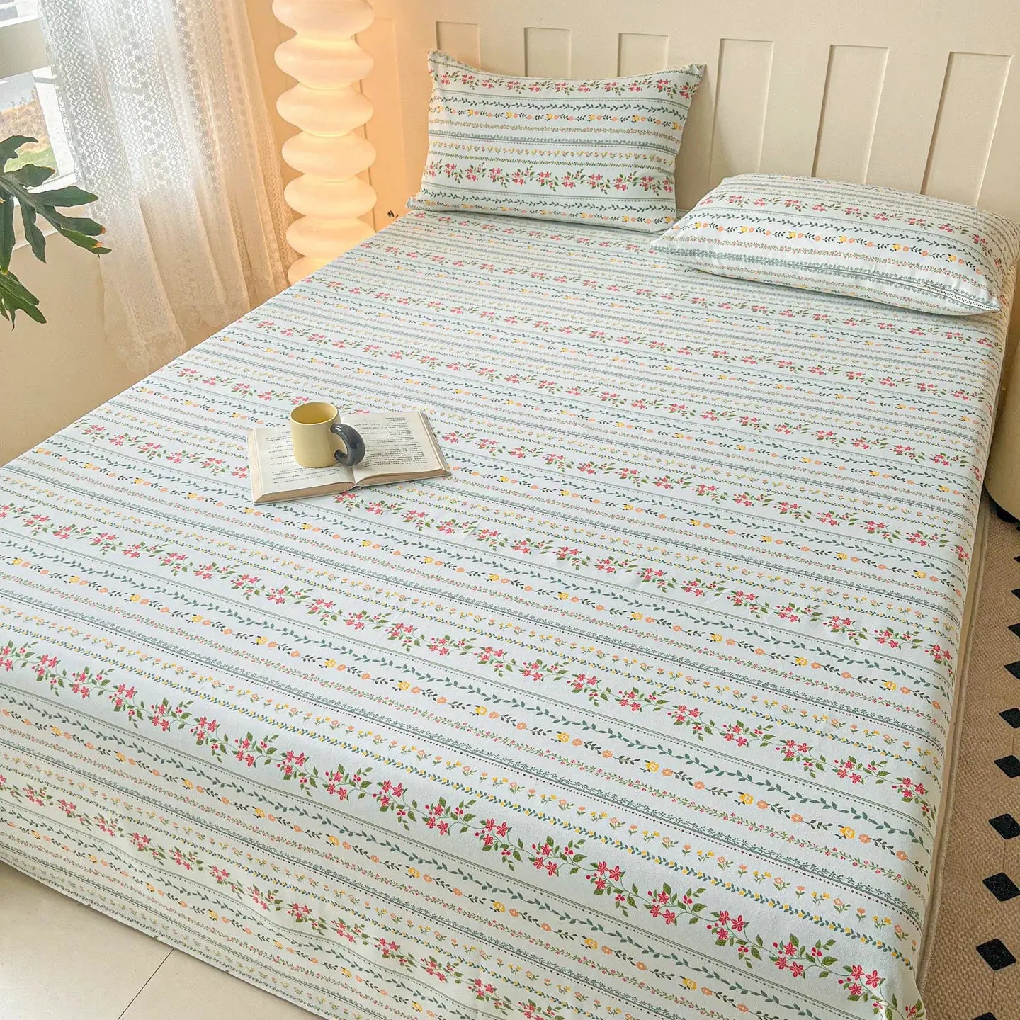 100% Cotton Coarse Weave Flat Sheet, Floral Striped Print Bed Sheet, Breathable Durable All Season Bedding for Kids & Adults from PriceLows™