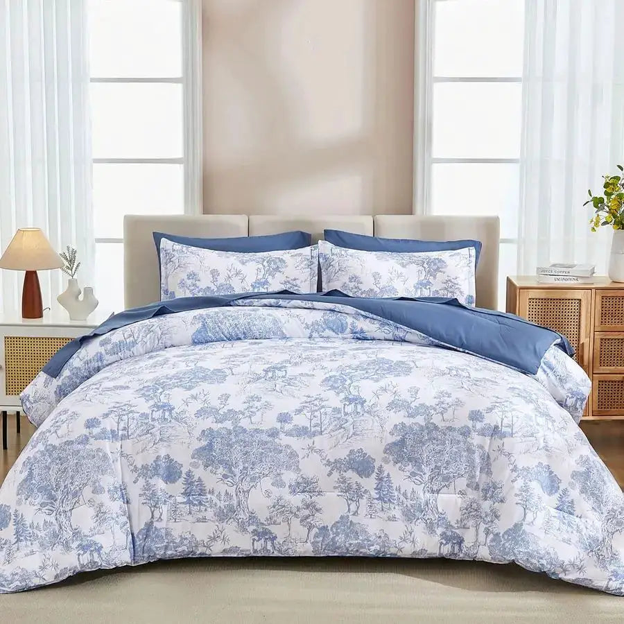 Blue Comforter Set Queen, 7 Pieces Bed in a Bag Queen Size Botanical Comforters with Sheets Elegant Plants Print Soft Microfiber from PriceLows™