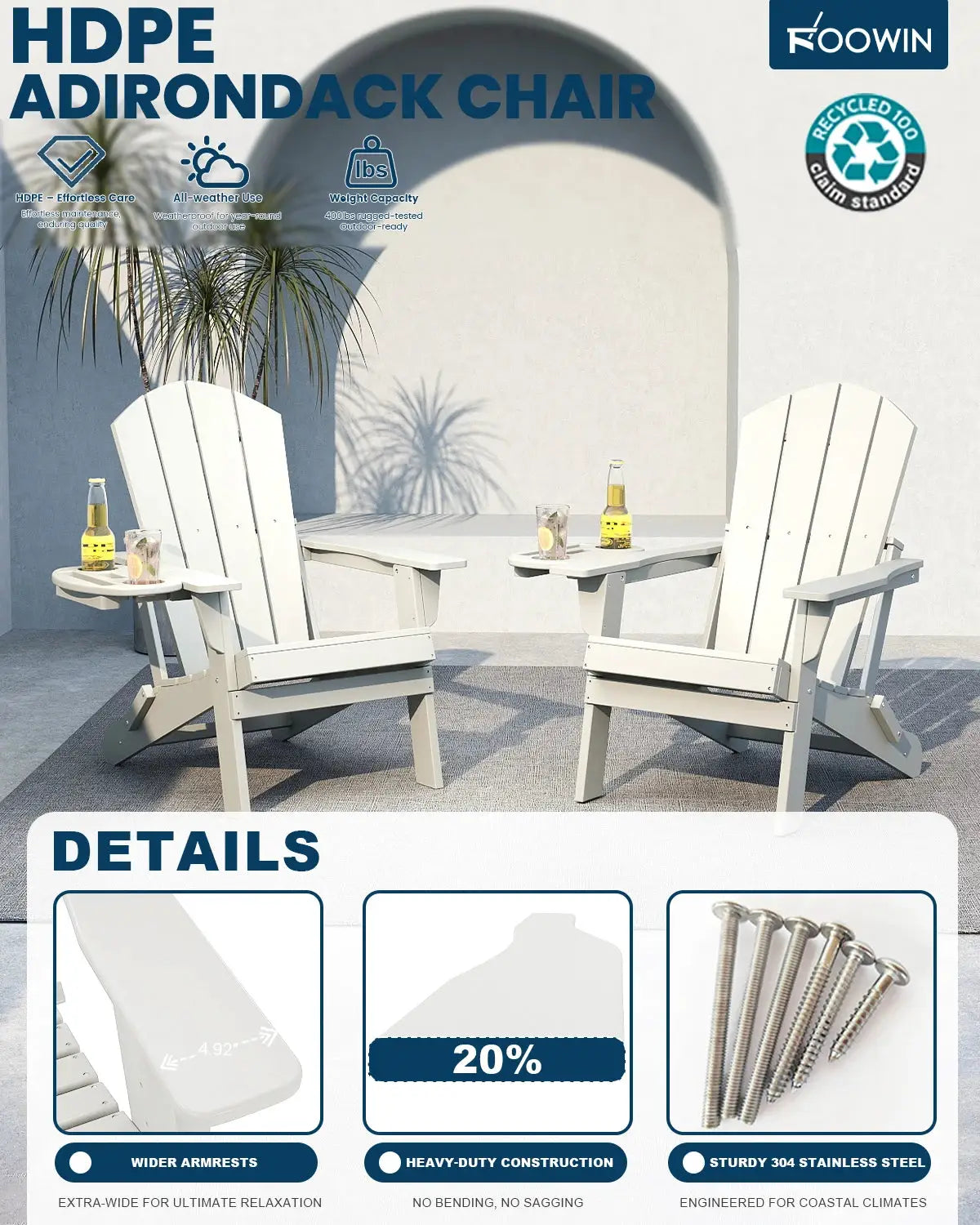 FOOWIN 1/2pcs Folding Adirondack Chair Weather Resistant HDPE Plastic Cup Holder Outdoor Patio Garden Fire Pit Deck Lawn from PriceLows™