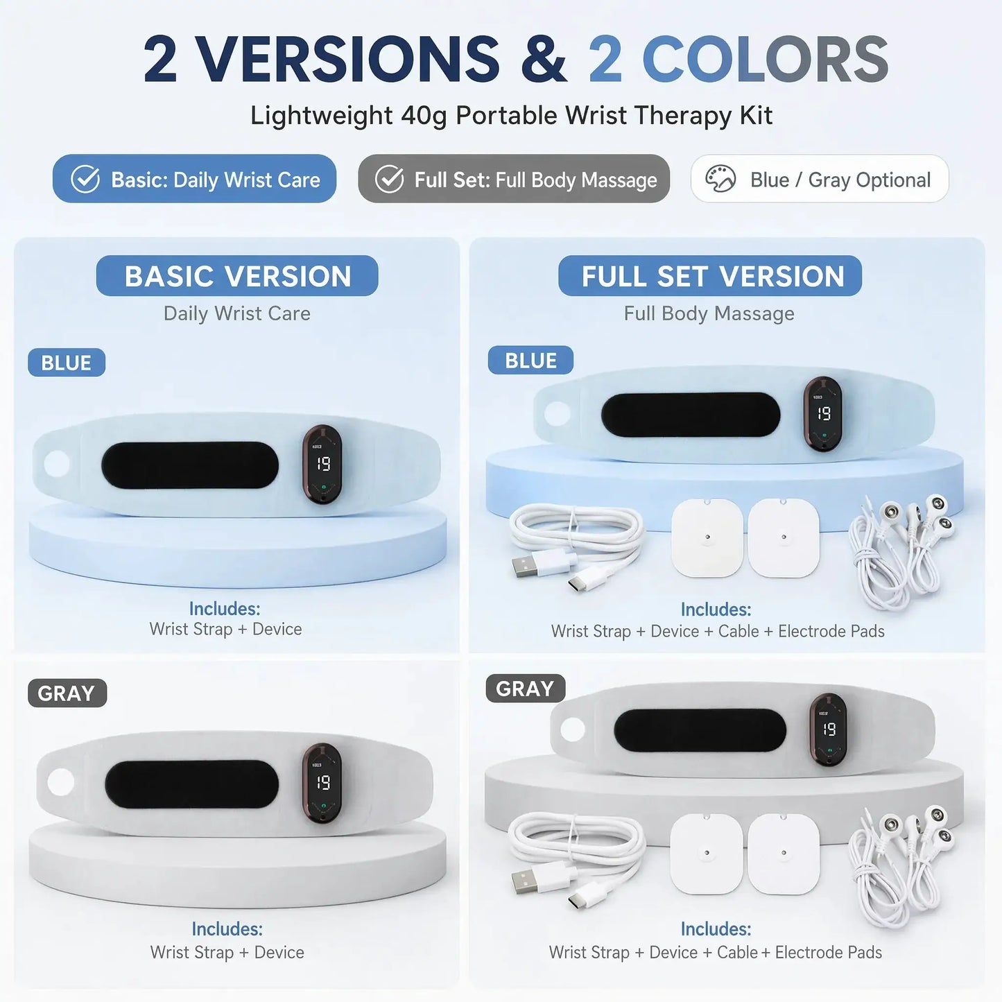 EMS TENS Wrist Massager | 8 Modes 19 Levels | Pulse Heating | Fresh Blue