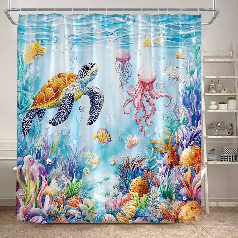 Ocean Animals Sea Turtle Shower Curtains Tropical Fish Coral Underwater Nature Scenery Child Bath Curtain Home Bathroom Decor from PriceLows™