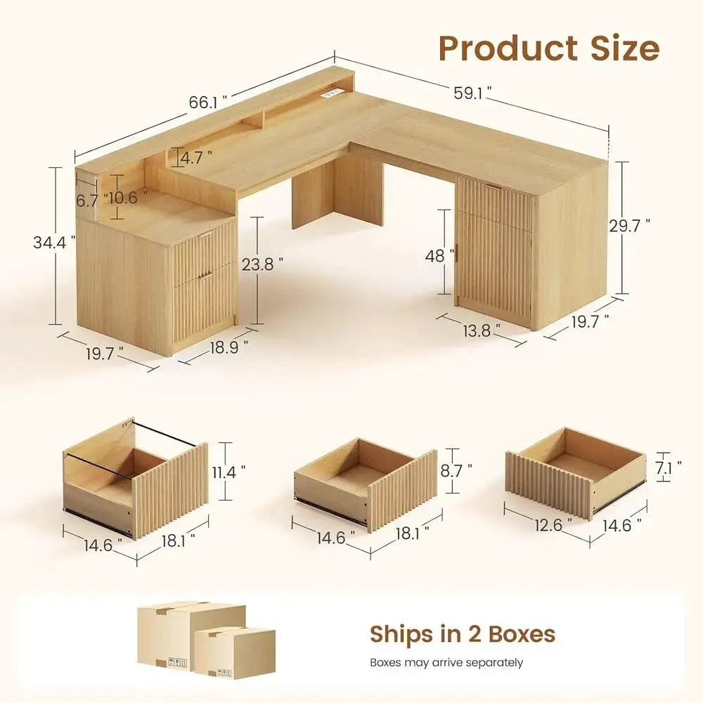 66 Large L-Shaped Desk with Drawers, Hutch, File Cabinet, Printer Shelf, Wood Executive Desk with Monitor Stand, Power Outlets, from PriceLows™