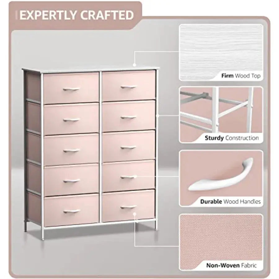 Dresser with 10 Drawers - Pink Storage Unit Organizer Chest for Clothes - Bedroom Nursery Closet 34 x 12 x 47 inches from PriceLows™