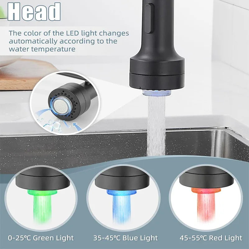 Kitchen Faucet Pull Down Sprayer | Led Light | 3 Function | Black, Brushed, Gold
