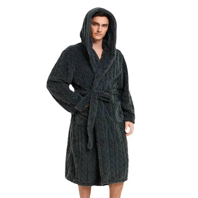 Men's Hooded Robe | Polyester | Thickened | Solid Color