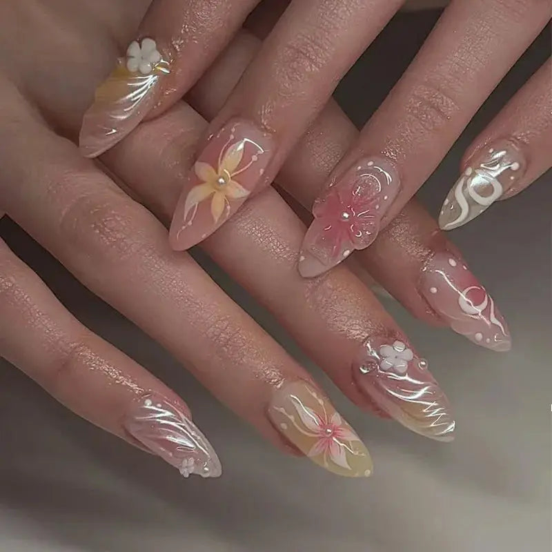Almond Press On Nails | Acrylic Finish | Pearl Flower Design | 24 Piece Set