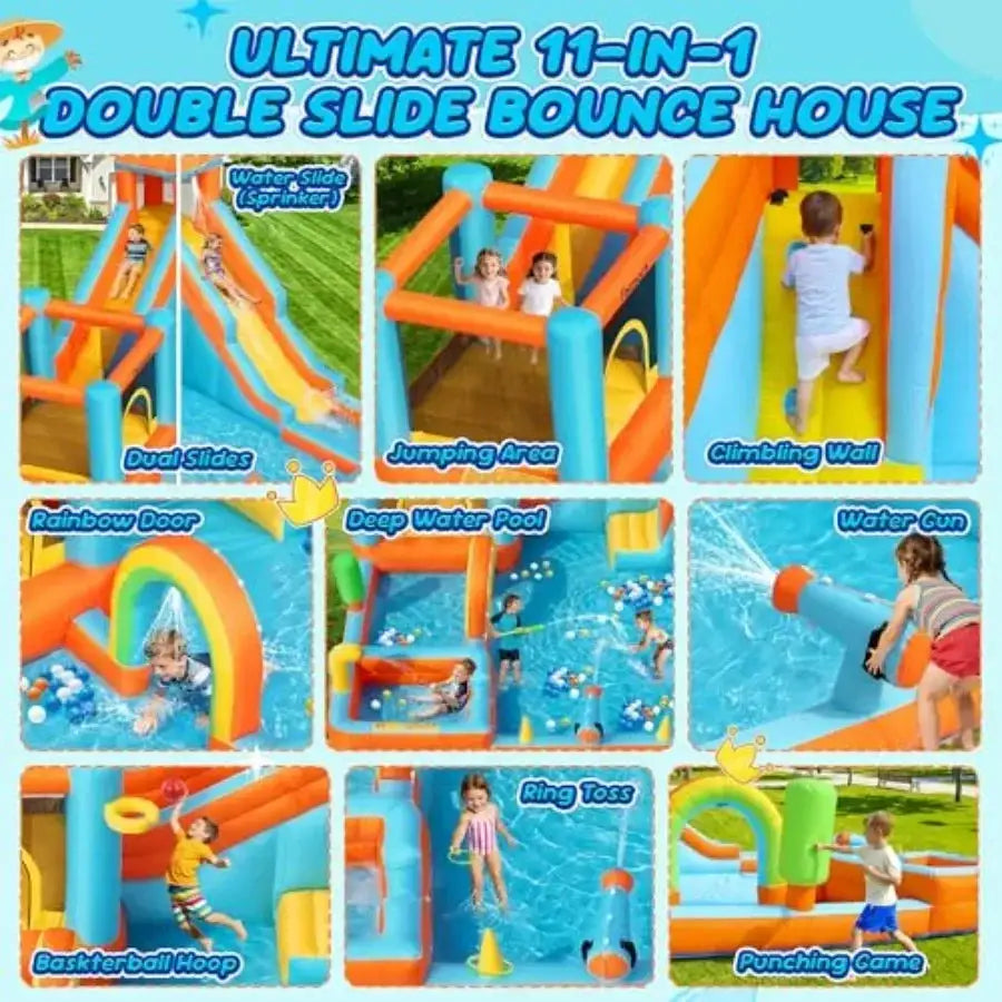 Inflatable Water Slide Bounce House, Double Water Slides Bounce House for 3-12, 11 in 1 Water Park Bouncy Castle for Backyard O from PriceLows™