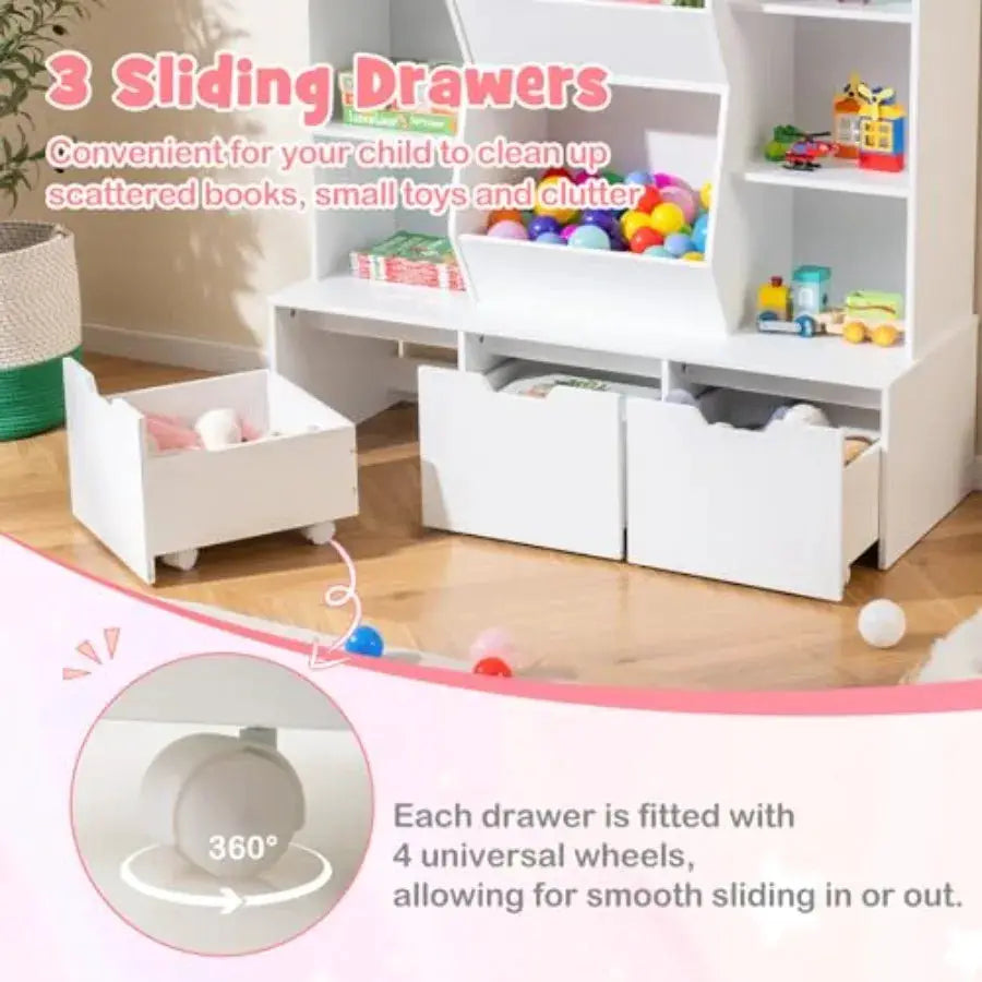 47 Toy Storage Organizer Large Bookcase with 3 Movable Drawers 8 Storage Cubbies Multi-Functional Bookshelf for Playroom Living from PriceLows™