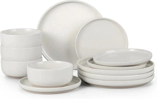 Stoneware Dinnerware Sets, 12-Piece Plates and Bowls Set for 4, Dishes Set for Home Restaurant, Speckled Milky White from PriceLows™