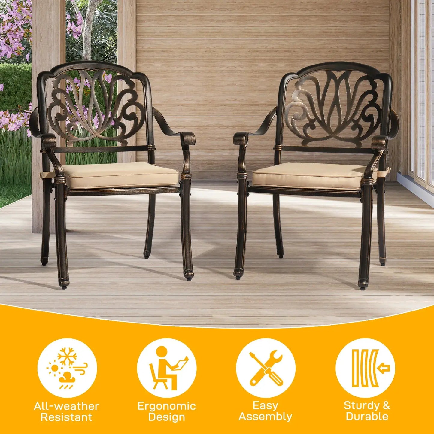 Set of 2 Cast Aluminum Patio Dining Chairs with Cushions, Stackable Outdoor Bistro Chairs for Balcony Backyard Antique Bronze from PriceLows™