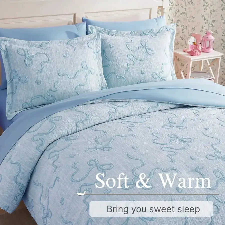 Light Blue Twin Comforter Set for Girls 5 Pieces Bowknot Jacquard Bed in A Bag Twin Bedding Sets with Sheets, Pillowcases amp Sh from PriceLows™