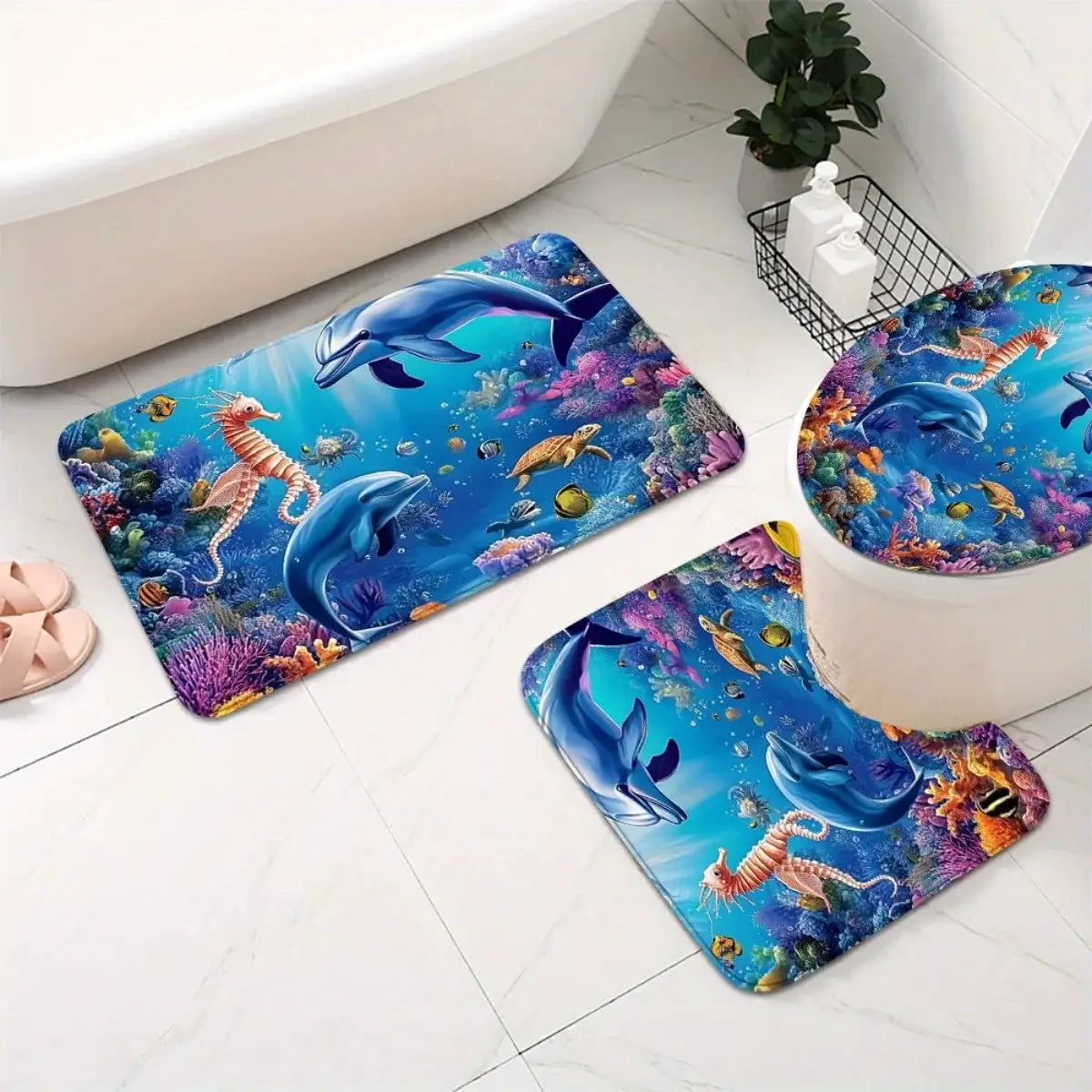 O1Pc cean Themed Shower Curtain Set 1 3 4pcs 2D Flat Non Slip Bath Mat Underwater Dolphins Coral Reef Home Decor Gift 180x180 cm from PriceLows™