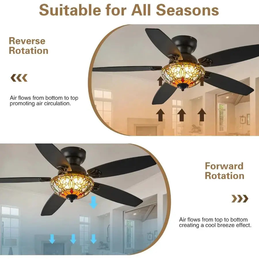 Tiffany Ceiling Fans with Lights 48 Ceiling Fan Chandelier with 5 DualBlades and Glass Shade 6 Speeds and Reversible Indoor and from PriceLows™