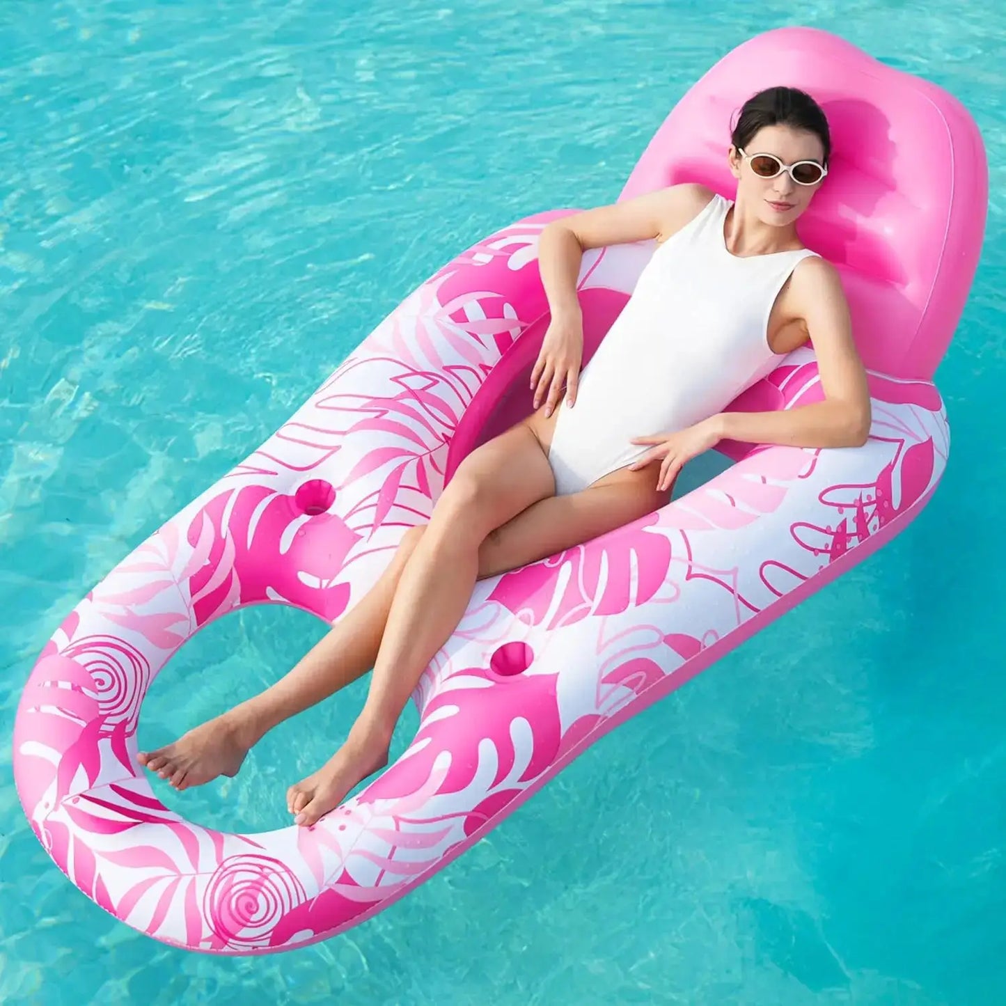 Inflatable Pool Lounger | Pink Tropical Leaves Design | PVC Material | One Size