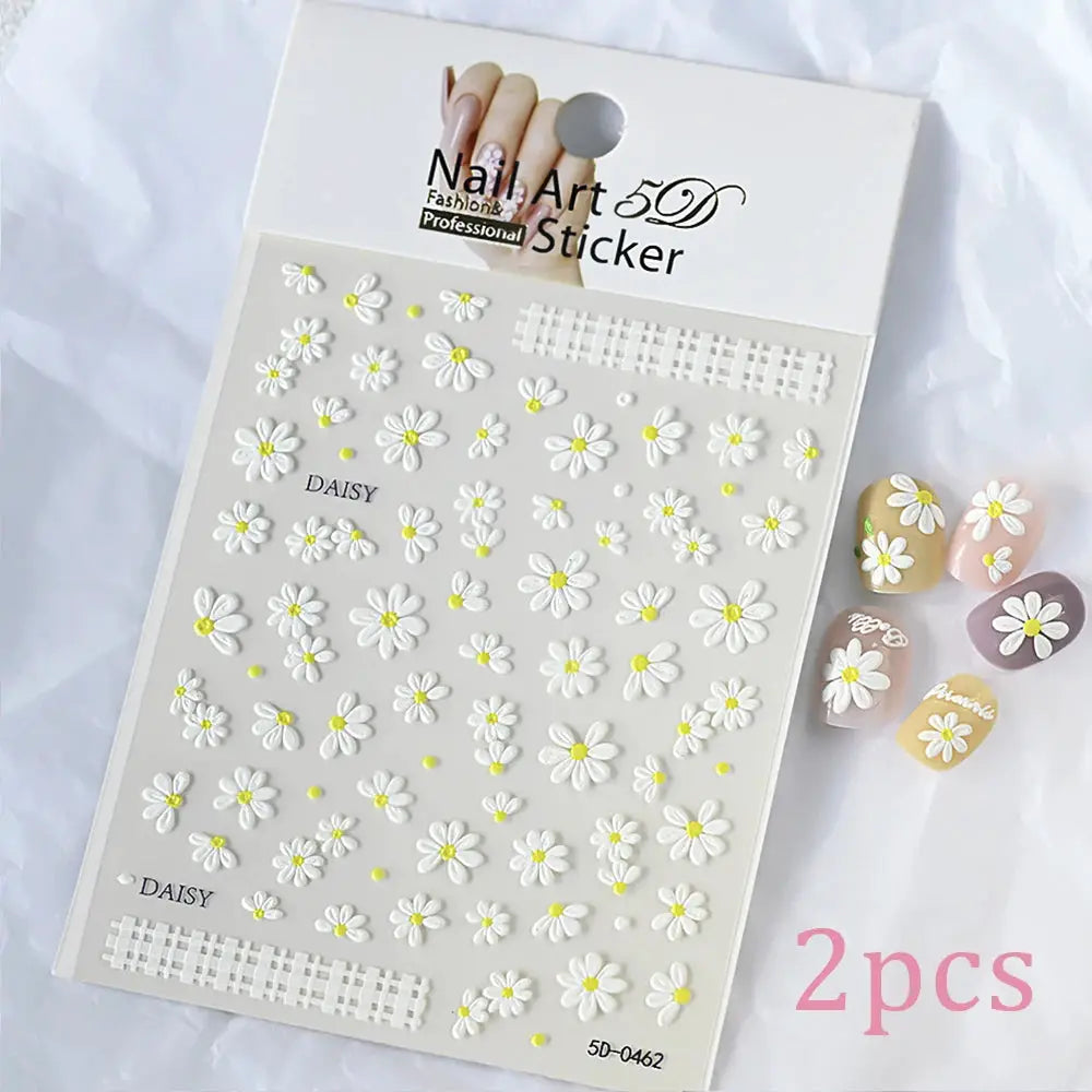 2pcs 5D White Daisy Design Nail Art Stickers Embossed Daisy Floret Green Leaf Nail Art Decals DIY Spring Summer Decor Stickers from PriceLows™