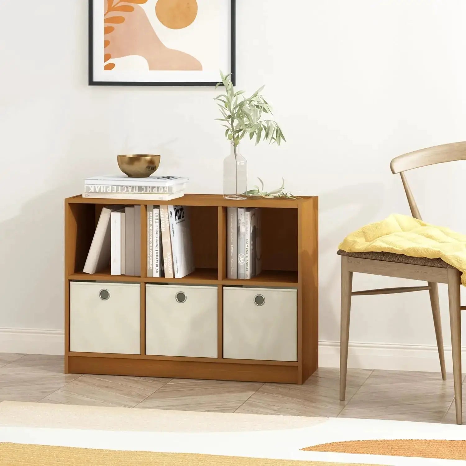 3x2 Cube Bookcase with Storage Bins, Light Cherry/Ivory Finish - 6-Cube Organizer for Home & Office from PriceLows™