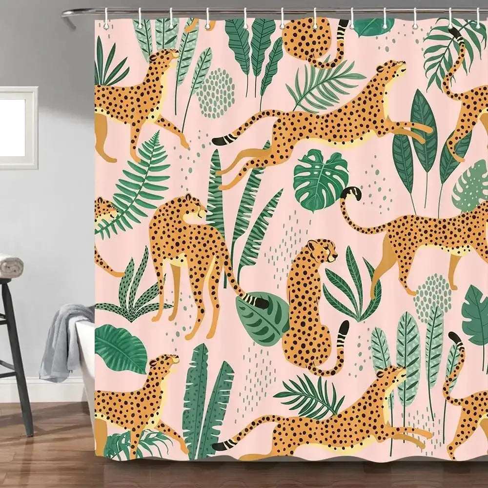 leopard fabric shower curtain, tropical animal cheetah shower curtain for bathroom, pink with hook 180X180CM from PriceLows™