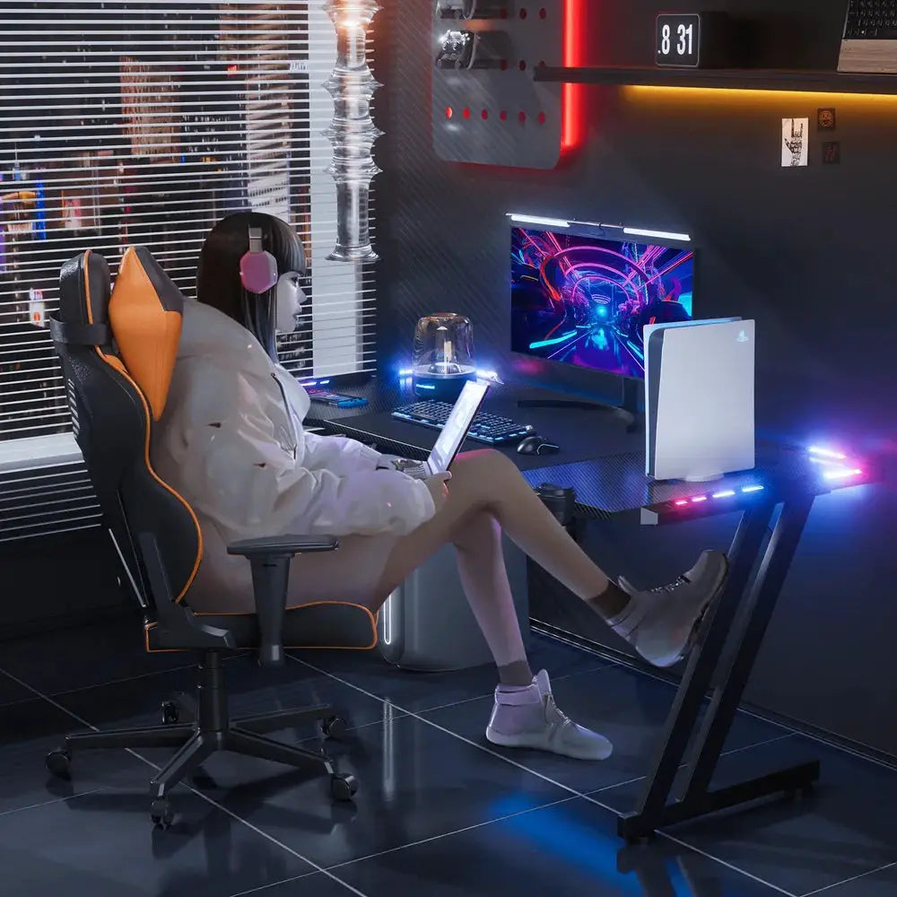Gaming Desk With LED Lights Carbon Fibre Surface Gaming Table Large Computer Desk Ergonomic Home Office Desks Z Shaped PC Gamer from PriceLows™