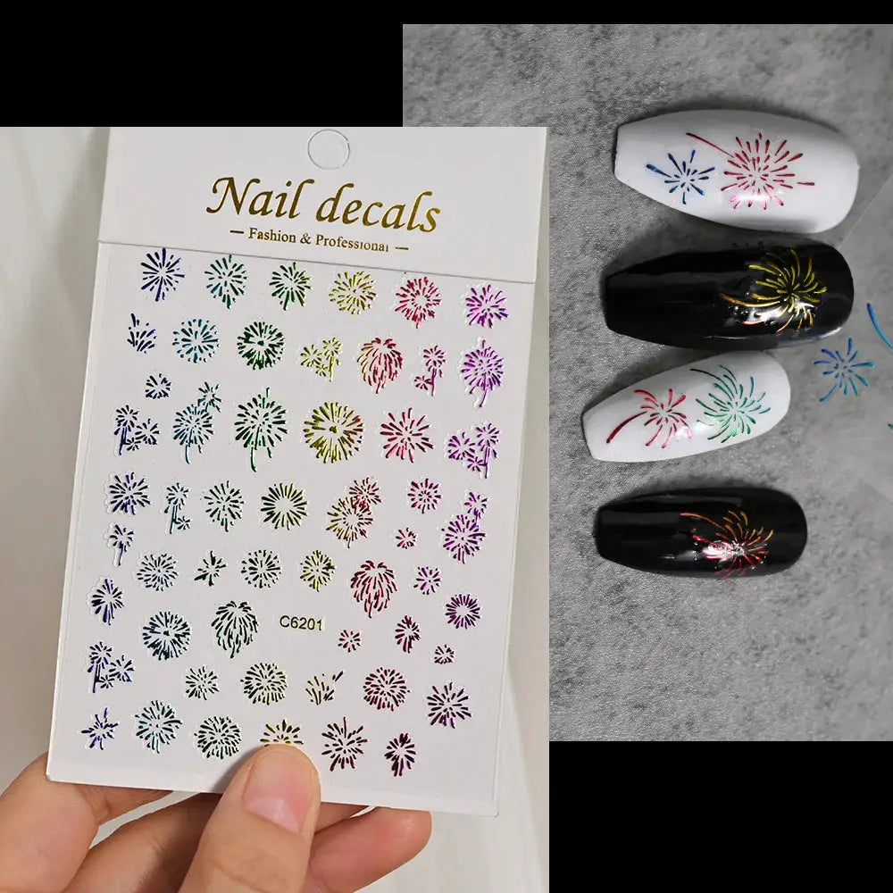 1PC Laser Fire work Nail Stickers 3D Self-Adhesive Blooming Fire-work Nail Decals New Year Firework Design Nail Slider 10*8cm from PriceLows™