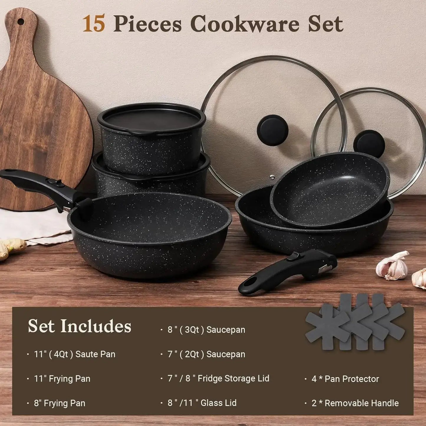 15Pcs Pots and Pans Set Non Stick, Cookware Sets with Detachable Handle, Stackable Induction Cookware, Black from PriceLows™