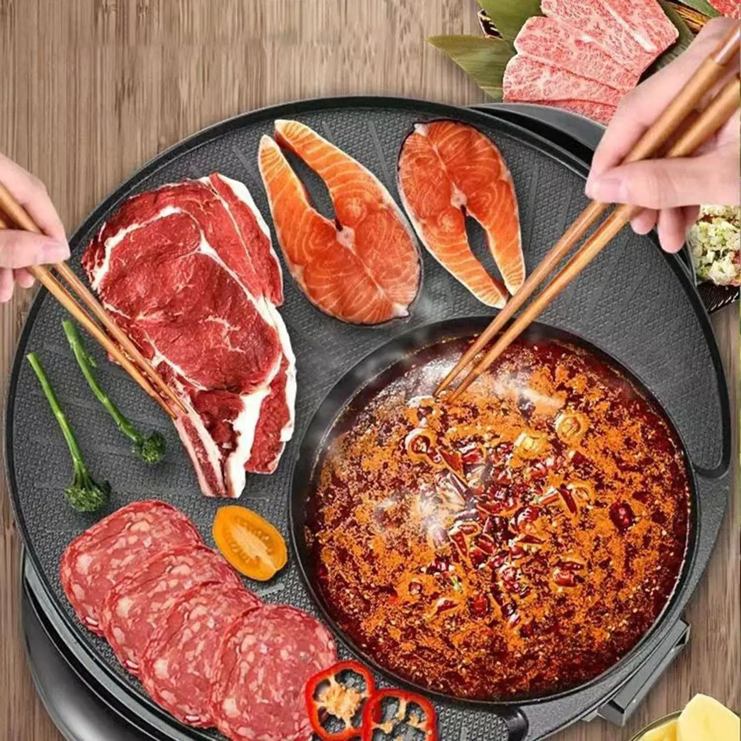 Electric Grill | 2 In 1 Grill With Hot Pot | Nonstick Surface | Portable Round