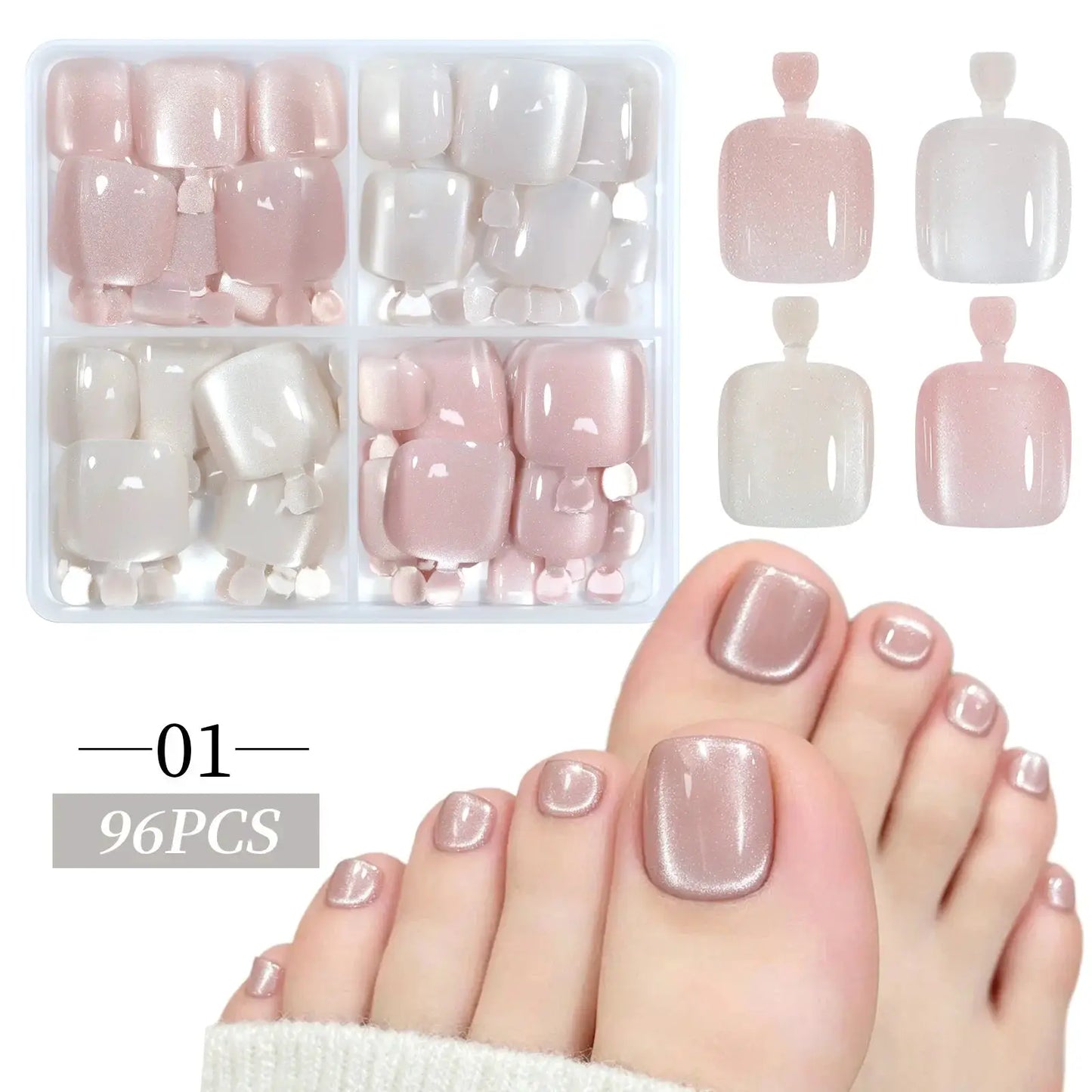 96pcs/Box French/Cat Eye Toe Nail Stickers Y2K Square Nail Tips Toe Press On Nails Pre-Designed Soft Gel Thickened Fake Toenails from PriceLows™