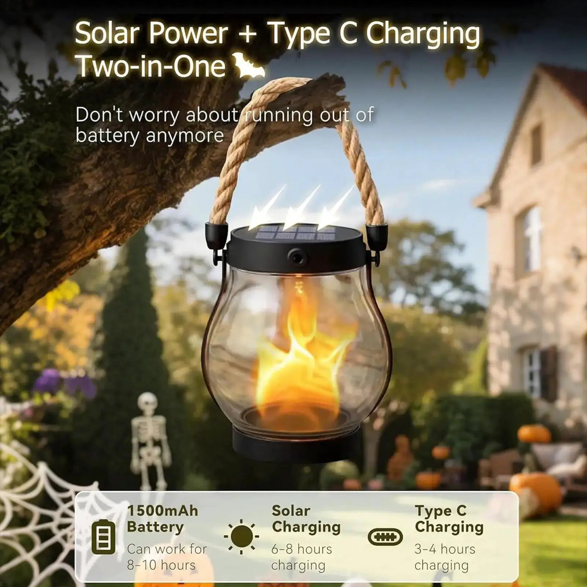 Solar Lantern | Waterproof Flickering Flame | USB Charging | Indoor Outdoor