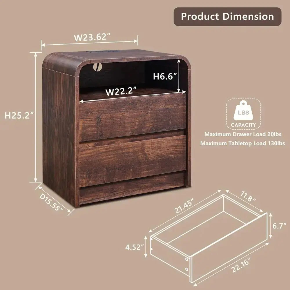 25 Tall Modern Nightstand Set of 2, 23.6 Wide Wood Bedside Table w 2 Storage Drawers, Charging Station,Mid Century End Table fo from PriceLows™