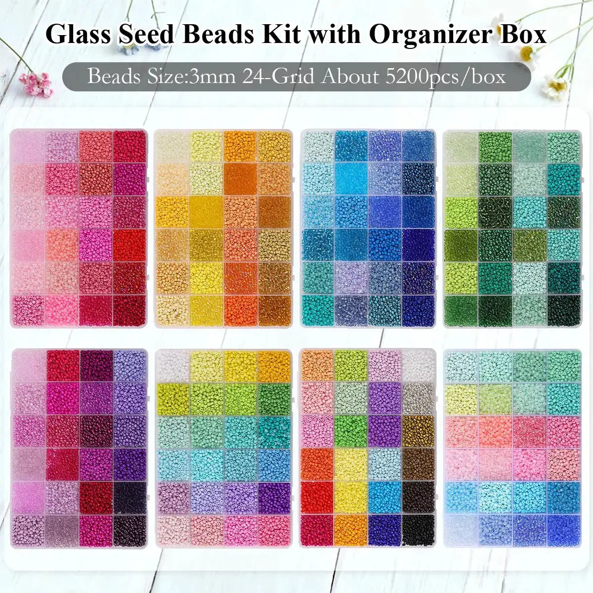 Glass Seed Beads Kit | 5200 Pc | 3mm Round | 24 Grid Box