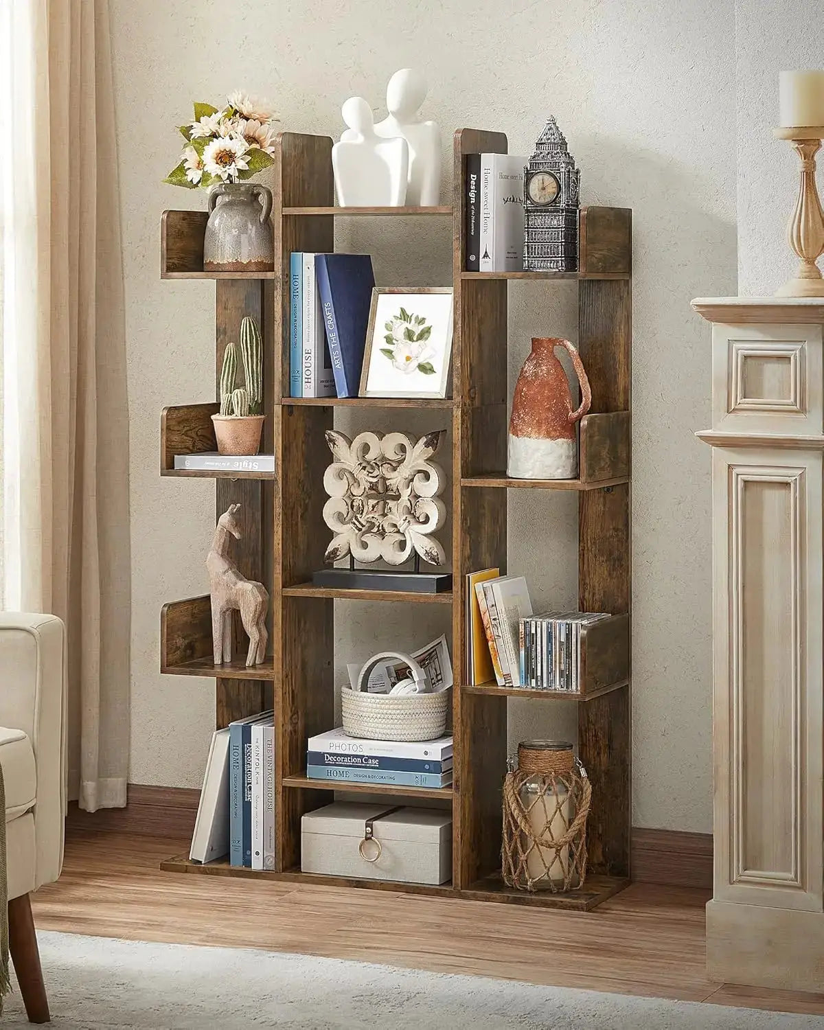 Tree-Shaped Bookcase with 13 Shelves, Rustic Brown, Compact Design for Home Storage from PriceLows™