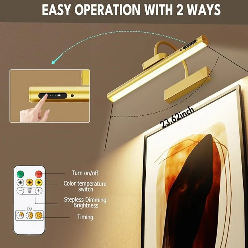 LED Picture Light | 4000mAh Rechargeable | 3 Color Dimming | Gold Finish