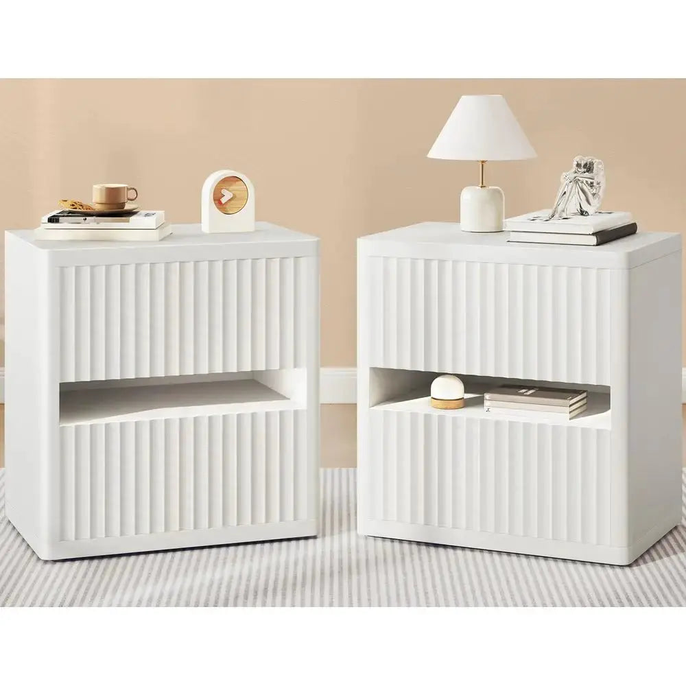 Fluted Nightstand Set of 2, 22 Wide Night Stand with 2 Large Drawers, Mid Century Modern Wood Bedside Table with Open Shelf, La from PriceLows™