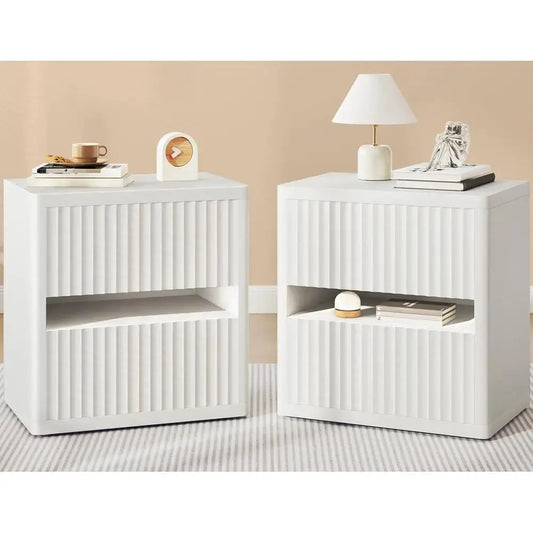 Fluted Nightstand Set of 2, 22 Wide Night Stand with 2 Large Drawers, Mid Century Modern Wood Bedside Table with Open Shelf, La from PriceLows™
