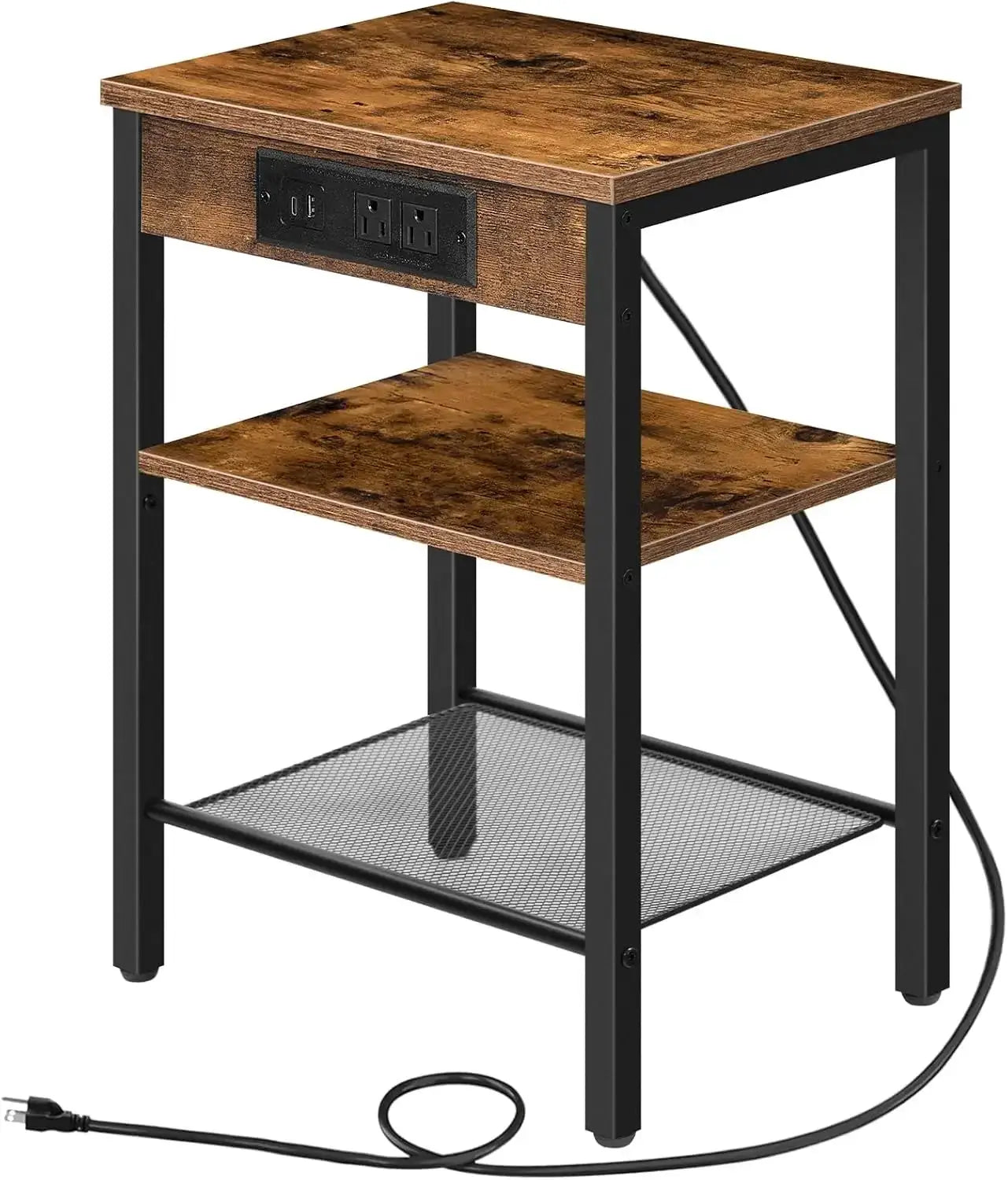 Compact Side Table With Charging Station, USB Ports & Adjustable Shelves For Living Room, Bedroom – Rustic Brown from PriceLows™