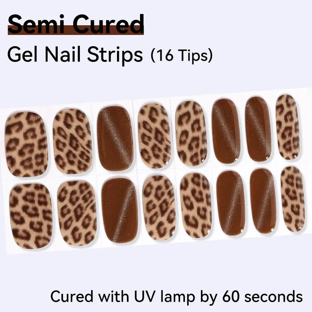 16strips Cartoon UV/LED Semi Cured Gel Nail Strips Pink Glitter Cat Eye Self-Adhesive Gel Nail Wraps Full Cover UV Nail Sticker from PriceLows™