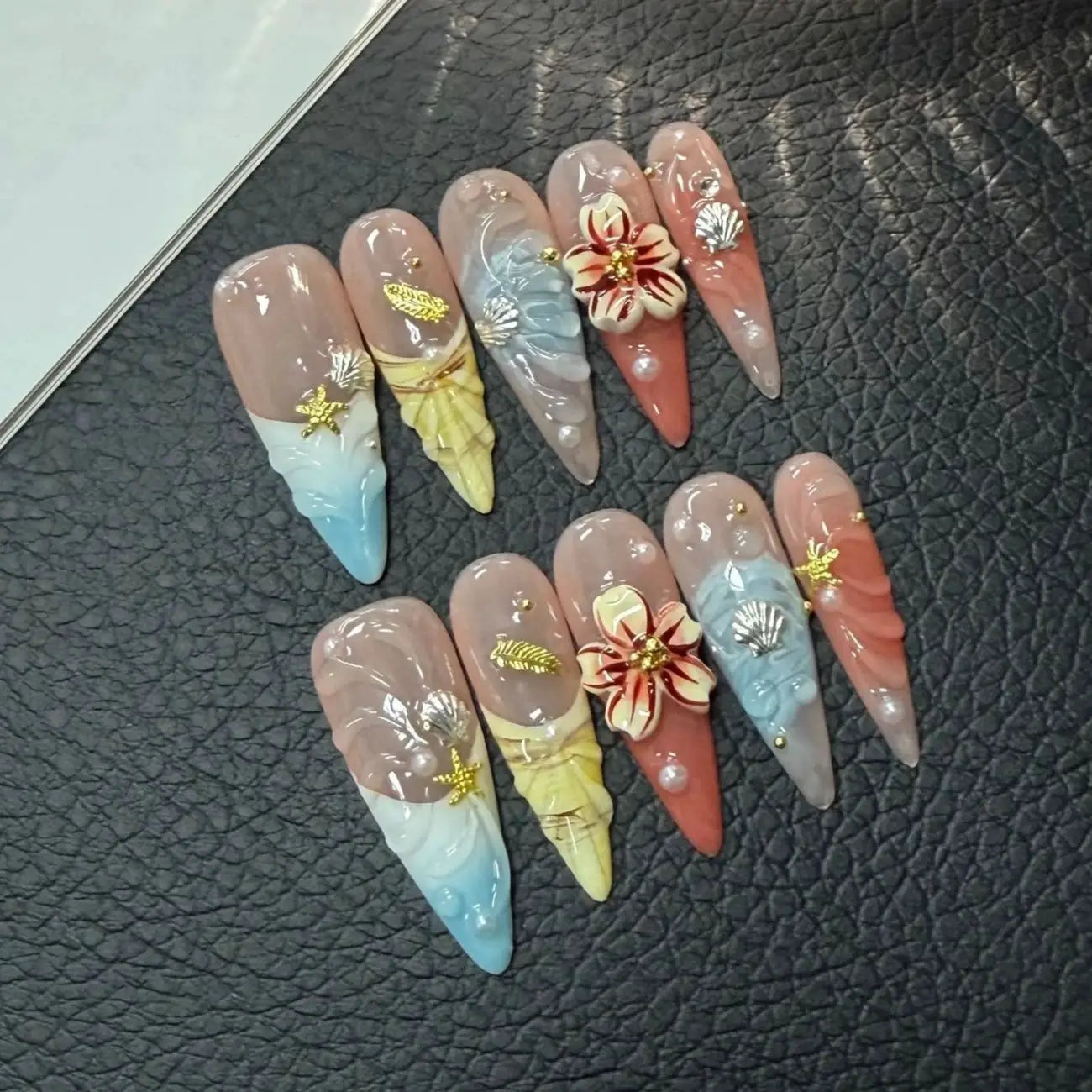 Acrylic Nails | Long Stiletto | Floral Rhinestone Design | 10 Pieces