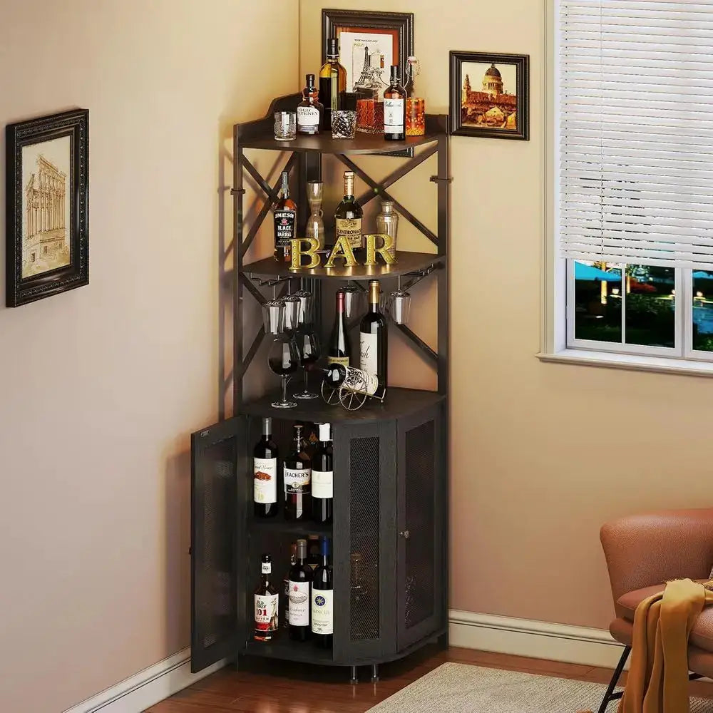 5-Tier LED-Illuminated Industrial Wine Bar Cabinet with Glass Rack and Door, Perfect for Farmhouse and Coffee Bars in Black from PriceLows™